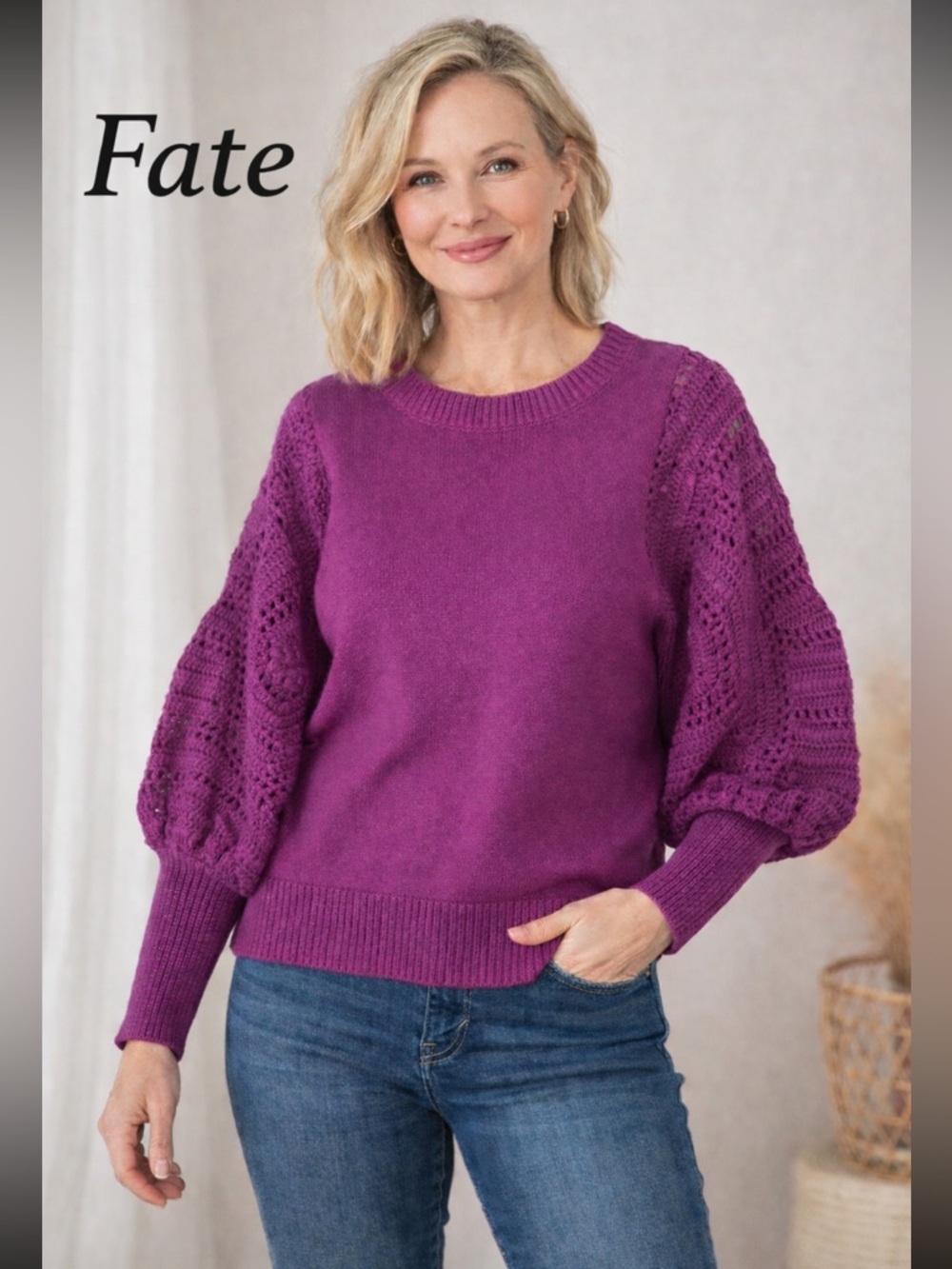 Fate. Classic 80's purple. Balloon Sleeves.
Intricate open-knit detailing. L.